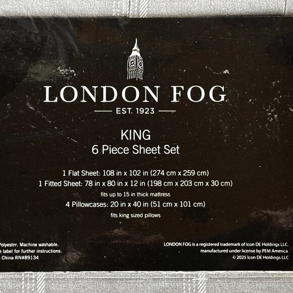 6-pc London Fog KING SIZE Sheet Set - GREY Plaid - 2 EXTRA PILLOWCASES - Picture 3 of 5